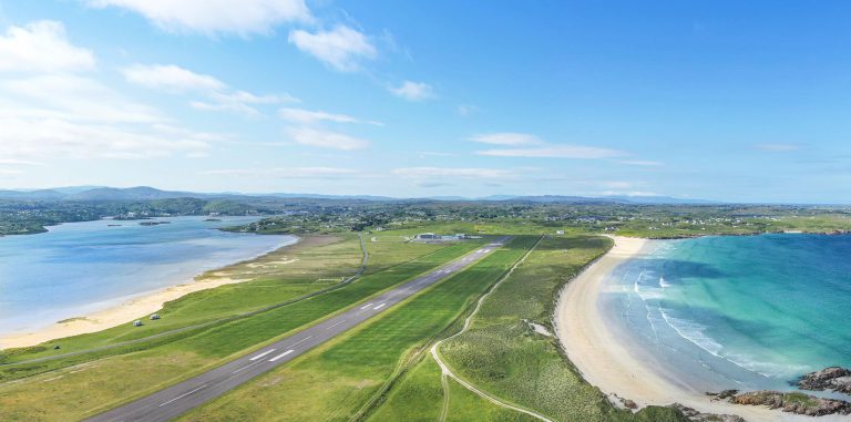 Aerial image of Donegal Airport runway with beaches on either side